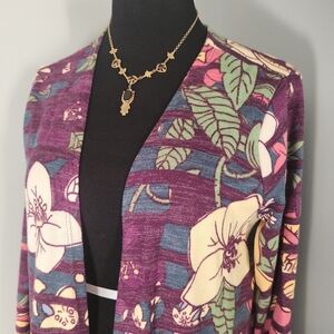 LuLaRoe Janet duster cardigan featuring a purple, floral, and Striped Pattern